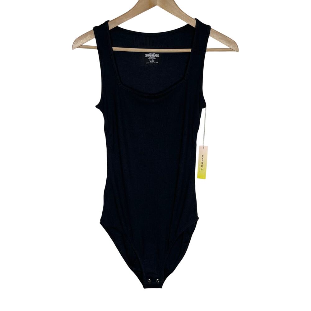 Summersalt Square Neck Bodysuit Womens XS Black Ribbed Modal Capsule